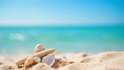 Seashells and sand on a tropical beach.