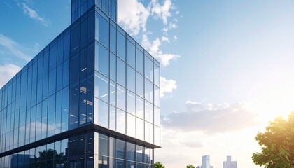 Obraz premium modern, architecture, skyscraper, glass, building, corporate, office, city, urban, business, futuristic, downtown, tall, structure, blue, sky, reflection, abstract, steel, light, commercial, district,