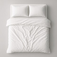 Top view of a neatly made double bed with white pillows and blanket on a light background, emphasizing comfort, cleanliness, and minimalist bedroom interior design aesthetics

