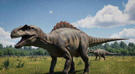 Massive Spinosaurus Dinosaur Roaming a Grassy Plain With Another Herbivore in the Distance Under a Blue Sky