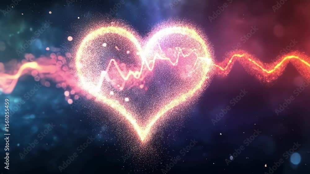 Poster flowing binary code surrounds a heart shape crafted from glowing particles, illustrating the concept