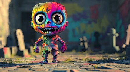 A colorful cartoon zombie character stands in a graveyard setting
