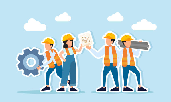 Several engineers gathered some discussing project paperwork others carrying gear and lifting metal stacks illustration of coordination and preparation check for project readiness