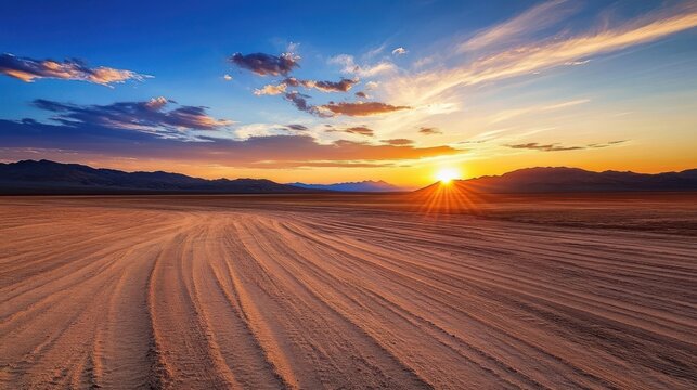 Sunset Over a Vast Sandy Desert with Ripples and Distant Mountains