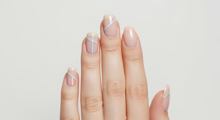 Elegant Minimalist Nail Art Design Light Pink Nails with Baby Blue Lines