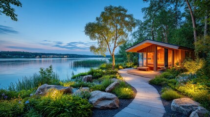 Lakeside cabin at dusk