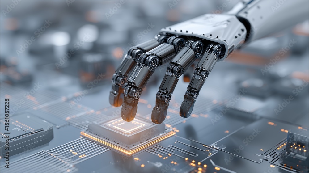 Poster robotic touch: a robotic arm delicately interacts with a computer chip on a circuit board, highlight