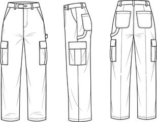 Cargo pants technical sketch, flat fashion vector, CAD illustration for apparel design, front side back view, clothing template mockup
