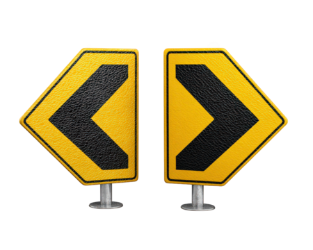Left arrow road sign right arrow road sign yellow warning sign black arrow metal pole isolated direction navigation traffic guidance safety outdoor reflective caution urban transportation signage - Powered by Adobe