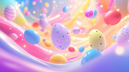 Colorful floating easter eggs against flowing pastel colored background