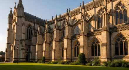 Fototapeta premium Gothic Cathedral Exterior View Showing Stone Architecture Arched Windows And Green Grass Under Sunny Sky