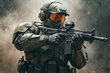 Fototapeta premium Military figure in tactical gear aiming a rifle.