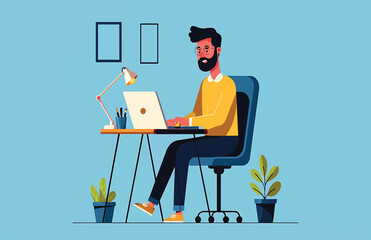 Man Working From Home on Laptop, Freelance Illustration