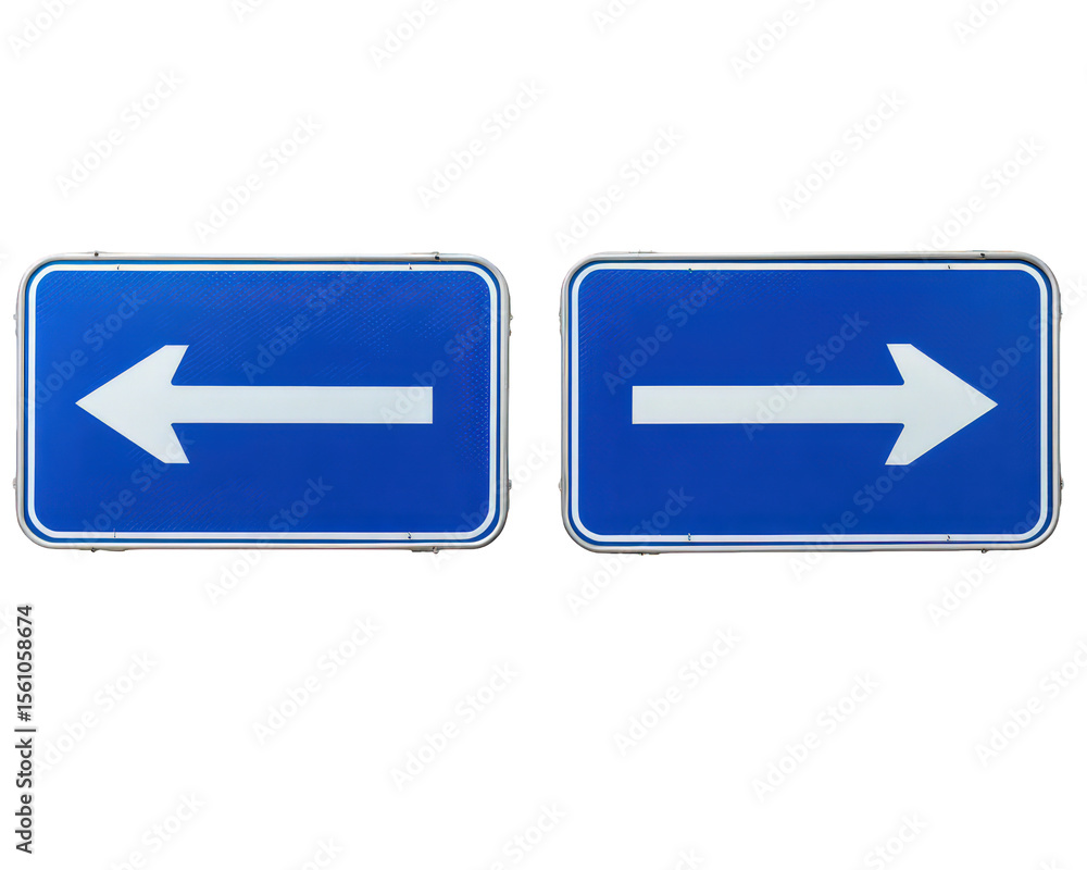 Poster two blue rectangular road signs with white arrows, one pointing left and one pointing right, isolate