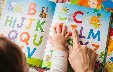 Reading moment where adult supports child in identifying letters, celebrating learning together on World Book Day.