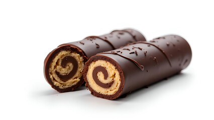 Delicious chocolate swiss rolls with a creamy filling are arranged on a bright backdrop, showcasing their enticing spiral patterns.