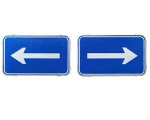 Two blue rectangular road signs with white arrows, one pointing left and one pointing right, isolated on transparency background, symbolizing direction and choice