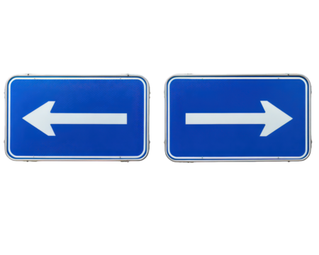 Two blue rectangular road signs with white arrows, one pointing left and one pointing right, isolated on transparency background, symbolizing direction and choice