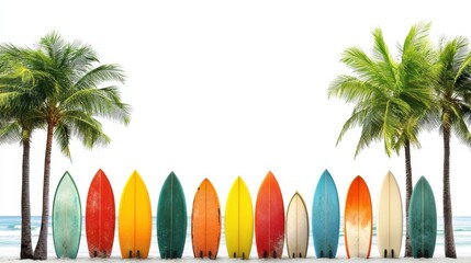 Colorful Surfboards Lined Up Against Palm Trees on Beach