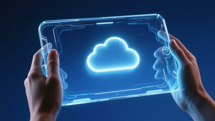 Futuristic Transparent Tablet Displaying Glowing Cloud Icon: Cloud Computing Technology Concept