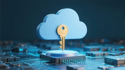 Secure Cloud Computing: Digital Key Protecting Data on Microchip Circuit Board - 3D Render