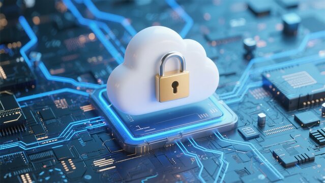 Secure Cloud Computing Data Protection: 3D Render of Padlocked Cloud on Circuit Board