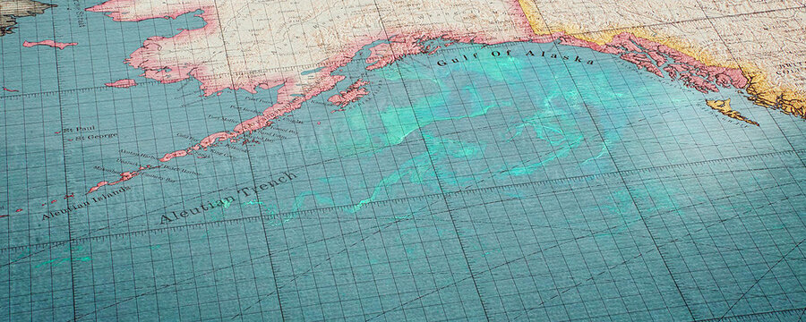 Vintage map of the aleutian trench and surrounding areas.