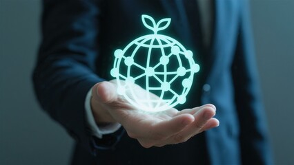 Sustainable Global Network: Businessman Holding Eco-Friendly Connected World Hologram