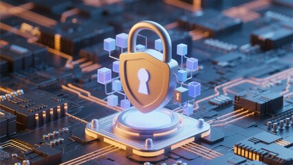 Cybersecurity Shield: Digital Data Protection and Network Security, 3D Render of Secure System on Circuit Board