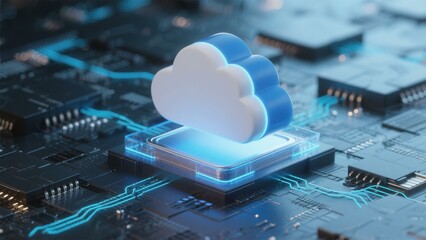 Stunning 3D Render Cloud Computing Technology on Circuit Board: Futuristic Data Center Infrastructure Concept