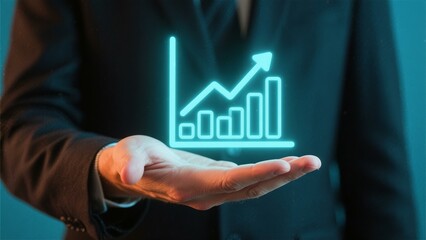 Business Growth Success:  Hand Holding Upward Trending Graph, Neon Blue, Professional Attire, Financial Success, Investment Growth