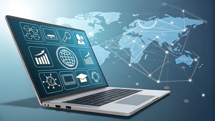 Global Connectivity Laptop Displaying Worldwide Data Network