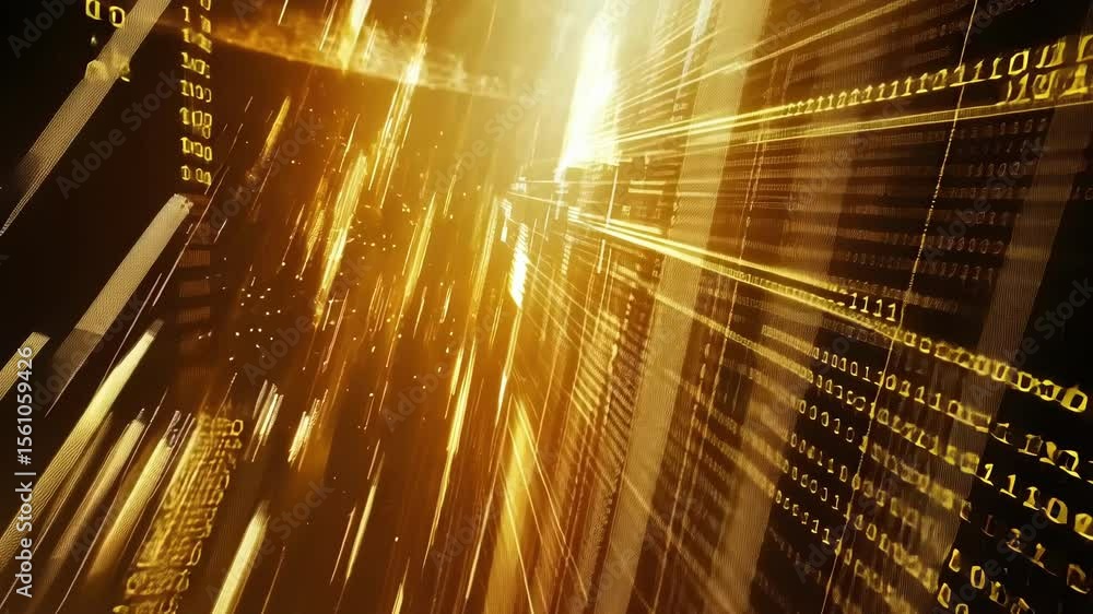 Aufkleber golden particles and binary code are forming a data stream, flowing through cyberspace and represent
