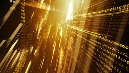Golden particles and binary code are forming a data stream, flowing through cyberspace and representing the concept of big data, information technology, and the digital age - Powered by Adobe