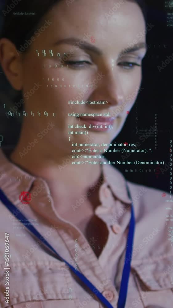 Poster animation of data processing over caucasian female it engineer and computer servers