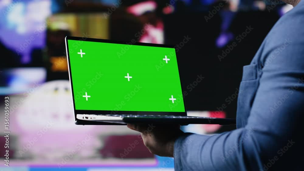 Poster modern black interface user holding a device with green screen with digital system of screens and ap