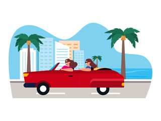 Two women are riding in a car wearing sunglasses, with a view of the beach enjoying a vacation. Las Vegas illustration. Vector flat illustration.