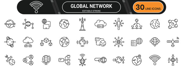 Global network line icon set. Containing globe, internet, connection, web, world map, sharing, data, signal and more. Editable stroke. Vector illustration.