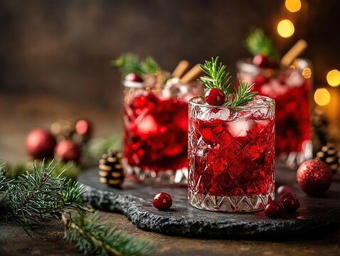 Three festive cranberry cocktails are arranged in a cut glass, garnished with rosemary sprigs and fresh cranberries, set against a dark wooden background with subtle bokeh lights.