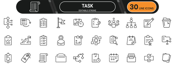Task line icon set. Containing checklist, to-do, calendar, time, complete, schedule, plan, reminder, mark and more. Editable stroke. Vector illustration.