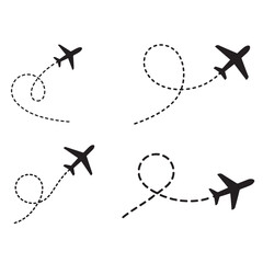 Travel concept Dotted path airplane Aircraft tracking. Line path vector icons of air plane flight routes with start point and 
dash line trace.