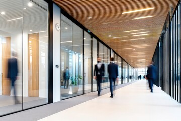 Modern office hallway with wooden slat walls, glass partitions, recessed ceiling lights, and motion blur of people walking through a contemporary workspace
