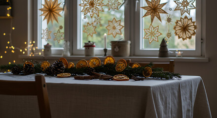 Cozy Christmas Table Setting with Dried Oranges and Pine Cones