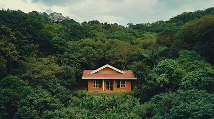 A small orange house nestled in a dense and green forest