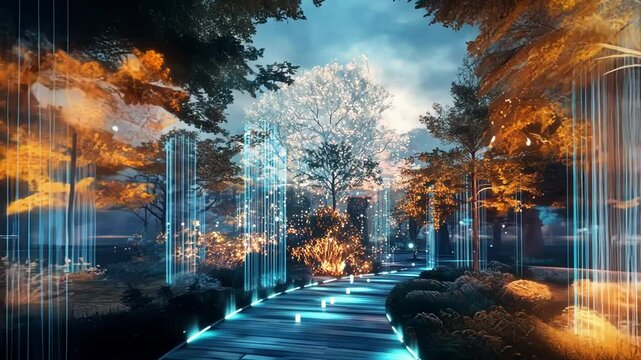 A technologically advanced park where holographic trees respond to touch displaying information about flora while harmonizing nature and innovation.