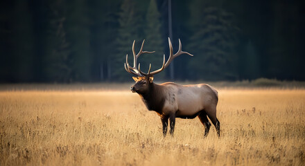 Fototapeta premium A majestic elk standing in a field of golden grass with a dark forest background on a sunny day