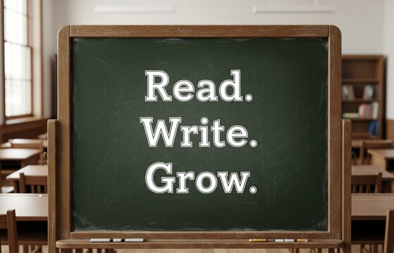 Simple blackboard message “Read. Write. Grow.” promoting literacy, creativity, and self-growth in honor of World Book Day.