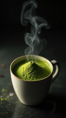 A steaming cup of matcha tea with a mound of powder on a dark background