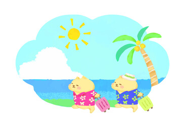 夏リゾートへ旅行　アロハシャツを着た猫のかわいい水彩イラスト