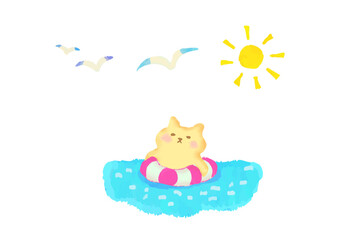 浮き輪に入って海に浮かぶ猫のかわいい水彩イラスト